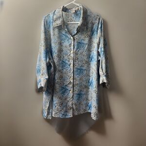 Notations Woman Top Plus 2x  Blue Floral Button Up Chiffon Career Casual Blouse